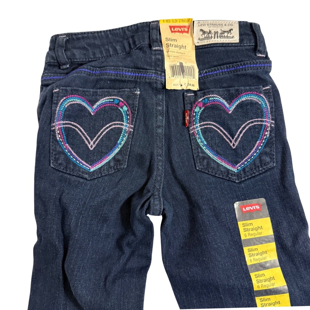 Levis Slim Straight Jeans Heart Stitched Pockets Adjustable Waist Girls Size 6 R